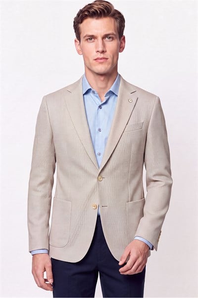 Comfort Fit Torba Cep Esnek Pamuklu Bej Blazer Ceket C 740
