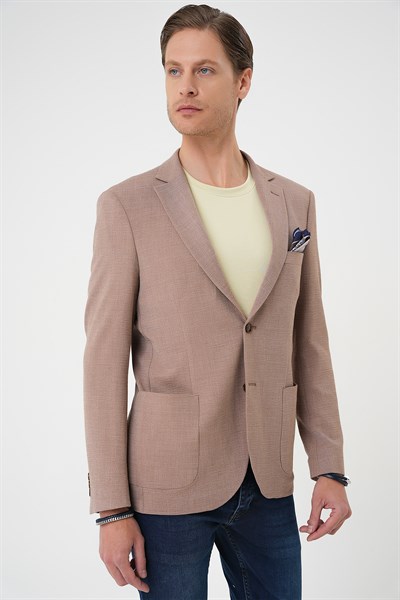 Comfort Fit Torba Cep Gofre Kumaş Bej Blazer Ceket C 679