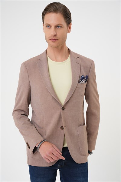 Comfort Fit Torba Cep Gofre Kumaş Bej Blazer Ceket C 679