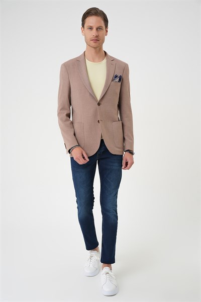 Comfort Fit Torba Cep Gofre Kumaş Bej Blazer Ceket C 679