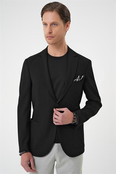 Comfort Fit Torba Cep Gofre Kumaş Casual Siyah Ceket C 679