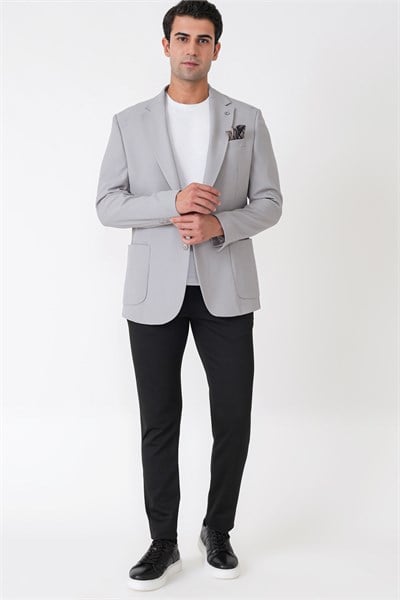 Comfort Fit Torba Cep Gofre Kumaş Esnek Pamuklu Gri Blazer Ceket C 739
