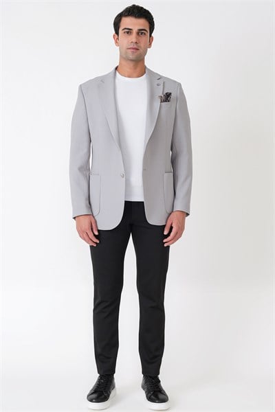 Comfort Fit Torba Cep Gofre Kumaş Esnek Pamuklu Gri Blazer Ceket C 739