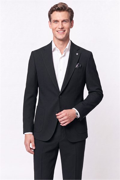 Comfort Fit Torba Cep Gofre Kumaş Esnek Pamuklu Koyu Siyah Blazer Ceket C 739