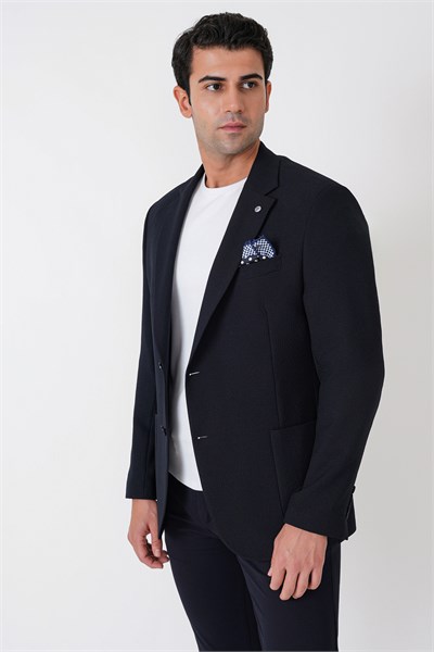 Comfort Fit Torba Cep Gofre Kumaş Esnek Pamuklu Lacivert Blazer Ceket C 739