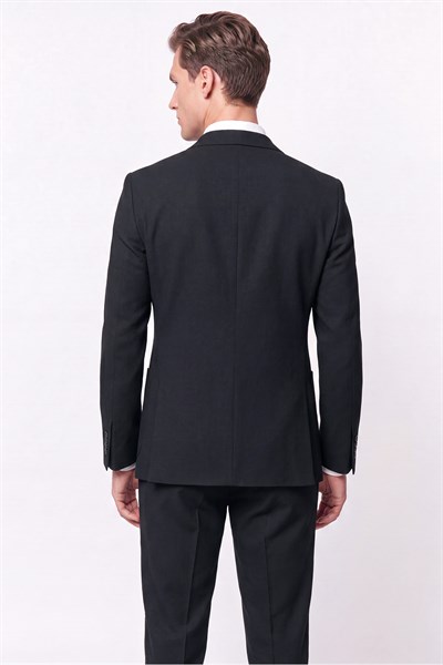 Comfort Fit Torba Cep Gofre Kumaş Esnek Pamuklu Koyu Siyah Blazer Ceket C 739