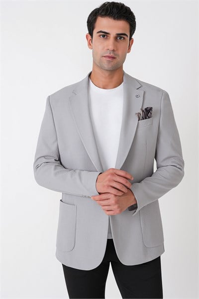Comfort Fit Torba Cep Gofre Kumaş Esnek Pamuklu Gri Blazer Ceket C 739
