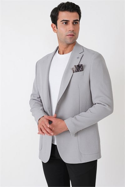Comfort Fit Torba Cep Gofre Kumaş Esnek Pamuklu Gri Blazer Ceket C 739