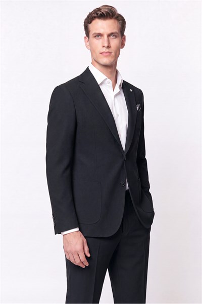 Comfort Fit Torba Cep Gofre Kumaş Esnek Pamuklu Koyu Siyah Blazer Ceket C 739