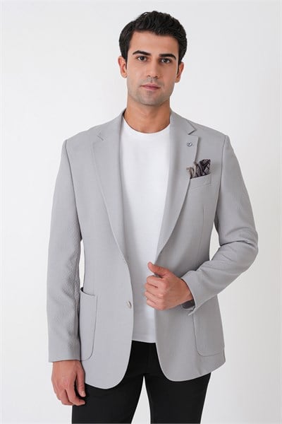 Comfort Fit Torba Cep Gofre Kumaş Esnek Pamuklu Gri Blazer Ceket C 739