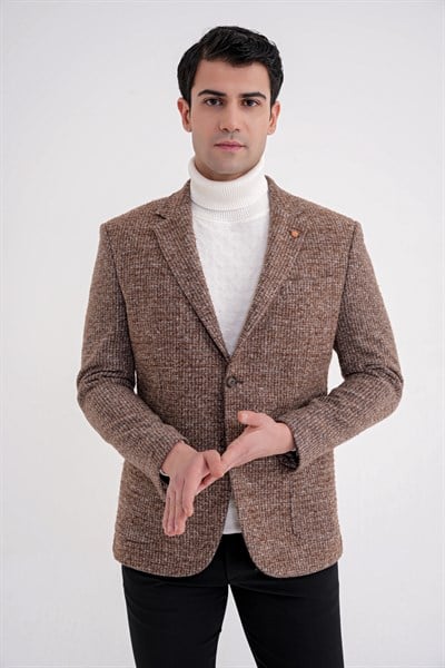 Comfort Fit Torba Cep Kazayağı Desenli %100 Yün Tütün Blazer Ceket C 729