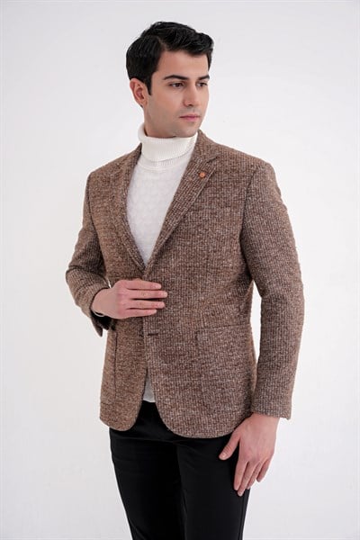 Comfort Fit Torba Cep Kazayağı Desenli %100 Yün Tütün Blazer Ceket C 729