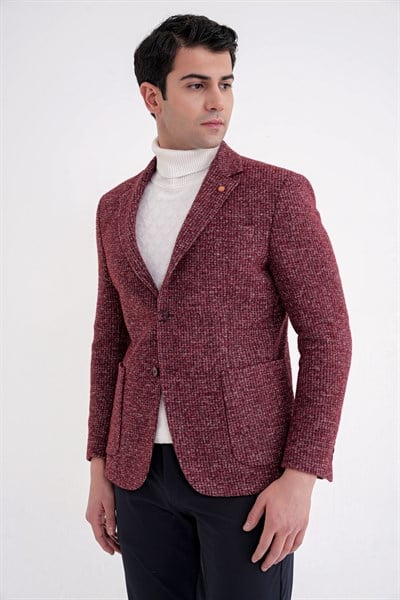 Comfort Fit Torba Cep Kazayağı Desenli %100 Yün Bordo Blazer Ceket C 729