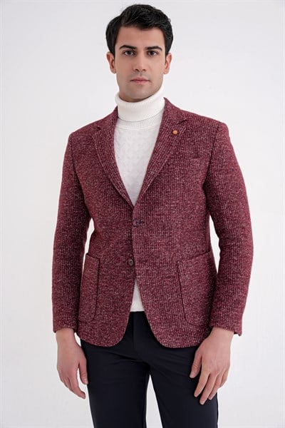 Comfort Fit Torba Cep Kazayağı Desenli %100 Yün Bordo Blazer Ceket C 729