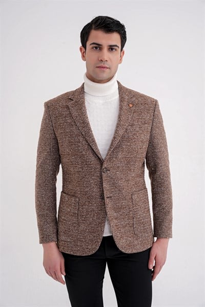 Comfort Fit Torba Cep Kazayağı Desenli %100 Yün Tütün Blazer Ceket C 729