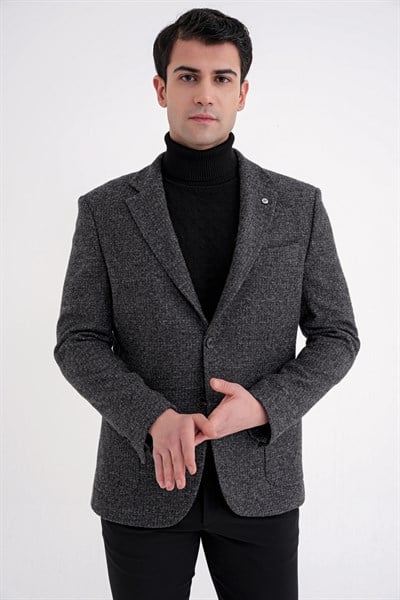 Comfort Fit Torba Cep Kazayağı Desenli %100 Yün Antrasit Blazer Ceket C 729