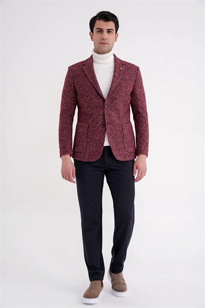 Comfort Fit Torba Cep Kazayağı Desenli %100 Yün Bordo Blazer Ceket C 729