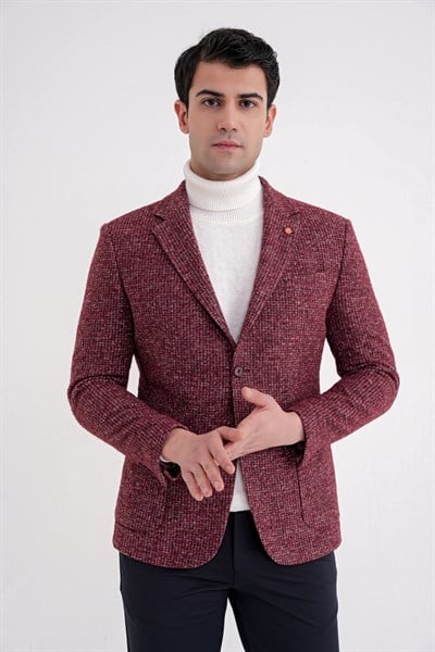 Comfort Fit Torba Cep Kazayağı Desenli %100 Yün Bordo Blazer Ceket C 729
