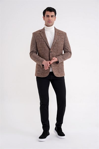 Comfort Fit Torba Cep Kazayağı Desenli %100 Yün Tütün Blazer Ceket C 729