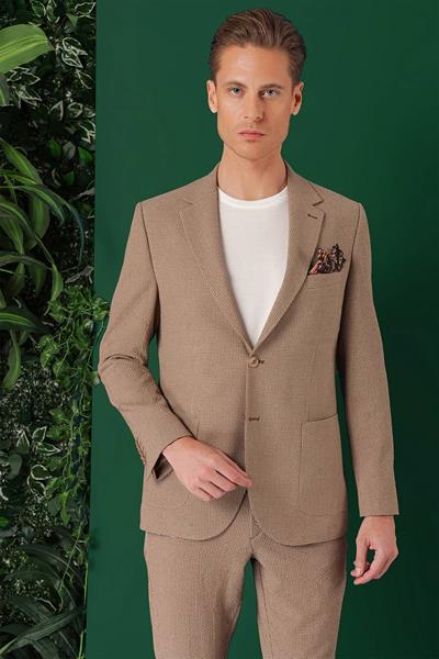 Comfort Fit Torba Cep Pötikare Gofre Kumaş Esnek Casual Bej Ceket C 669