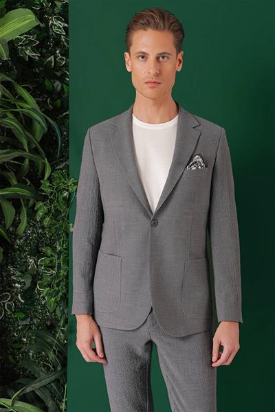 Comfort Fit Torba Cep Pötikare Gofre Kumaş Esnek Casual Füme Ceket C 669