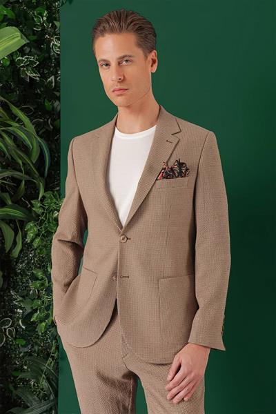 Comfort Fit Torba Cep Pötikare Gofre Kumaş Esnek Casual Bej Ceket C 669