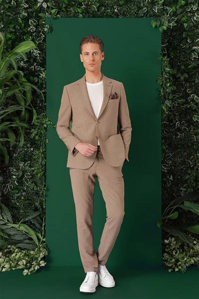 Comfort Fit Torba Cep Pötikare Gofre Kumaş Esnek Casual Bej Ceket C 669