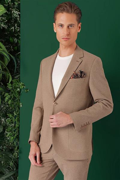 Comfort Fit Torba Cep Pötikare Gofre Kumaş Esnek Casual Bej Ceket C 669