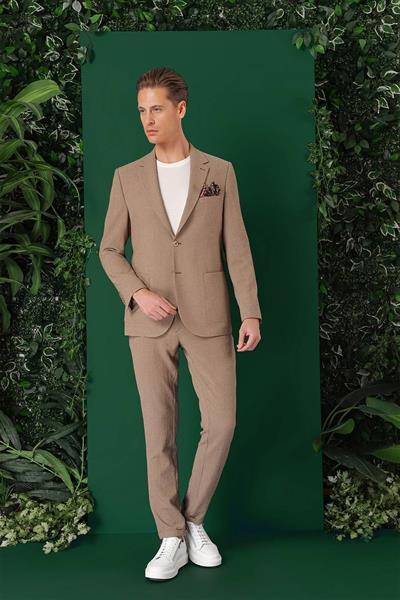 Comfort Fit Torba Cep Pötikare Gofre Kumaş Esnek Casual Bej Ceket C 669