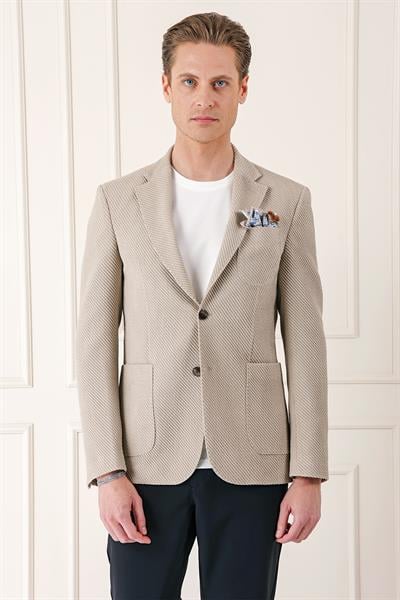 Comfort Fit Torba Cep Şeritli Dokuma Pamuklu Blazer Taş Ceket C 670
