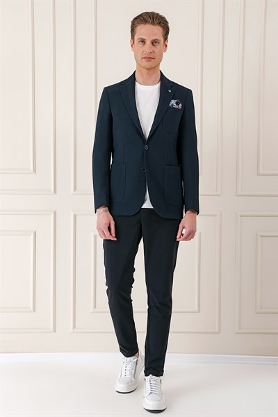Comfort Fit Torba Cep Şeritli Dokuma Pamuklu Blazer Lacivert Ceket C 670