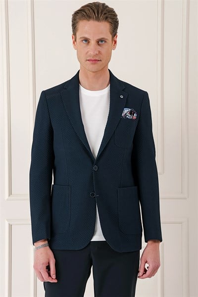 Comfort Fit Torba Cep Şeritli Dokuma Pamuklu Blazer Lacivert Ceket C 670