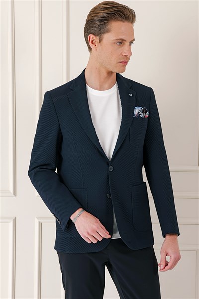 Comfort Fit Torba Cep Şeritli Dokuma Pamuklu Blazer Lacivert Ceket C 670