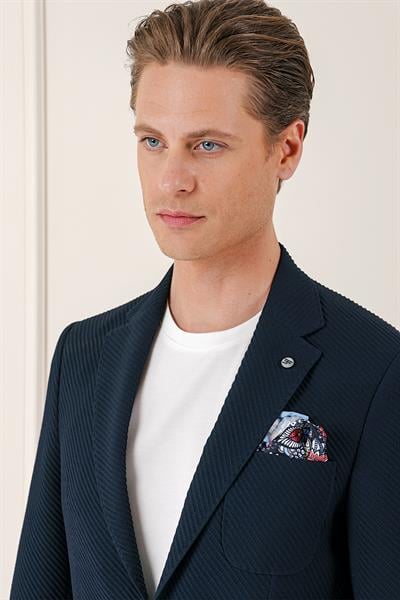 Comfort Fit Torba Cep Şeritli Dokuma Pamuk Casual Lacivert Ceket C 670