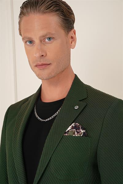 Comfort Fit Torba Cep Şeritli Dokuma Pamuk Casual Haki Ceket C 670