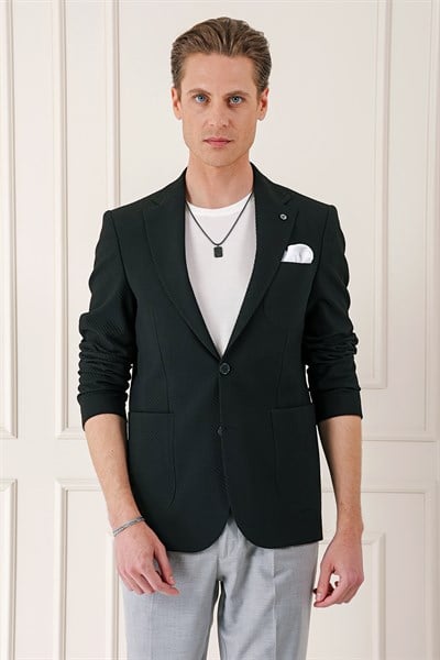 Comfort Fit Torba Cep Şeritli Dokuma Pamuklu Blazer Siyah Ceket C 670