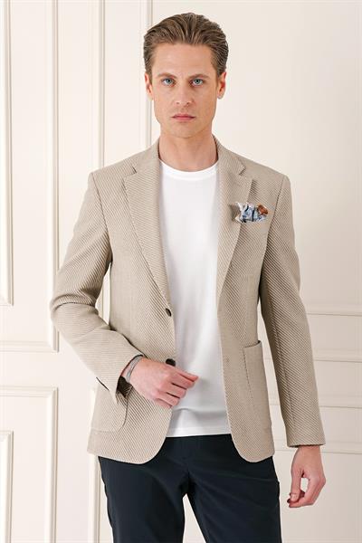 Comfort Fit Torba Cep Şeritli Dokuma Pamuklu Blazer Taş Ceket C 670