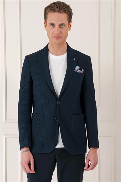 Comfort Fit Torba Cep Şeritli Dokuma Pamuk Casual Lacivert Ceket C 670