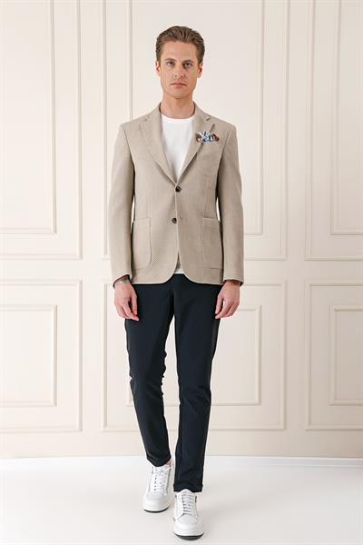 Comfort Fit Torba Cep Şeritli Dokuma Pamuklu Blazer Taş Ceket C 670