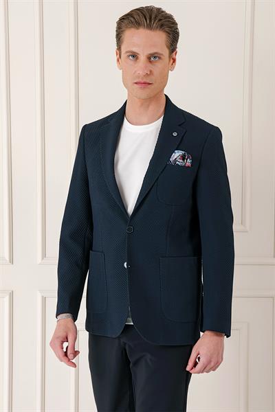 Comfort Fit Torba Cep Şeritli Dokuma Pamuk Casual Lacivert Ceket C 670