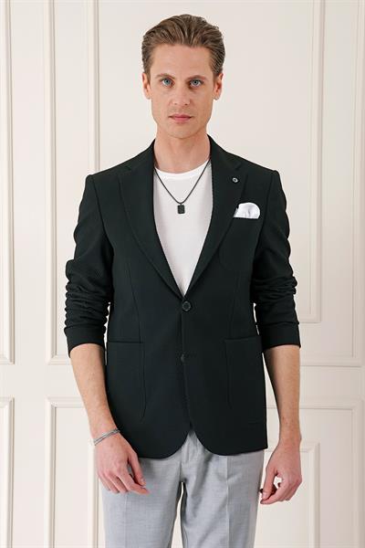 Comfort Fit Torba Cep Şeritli Dokuma Pamuk Casual Siyah Ceket C 670