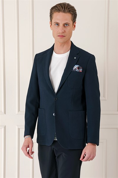Comfort Fit Torba Cep Şeritli Dokuma Pamuklu Blazer Lacivert Ceket C 670