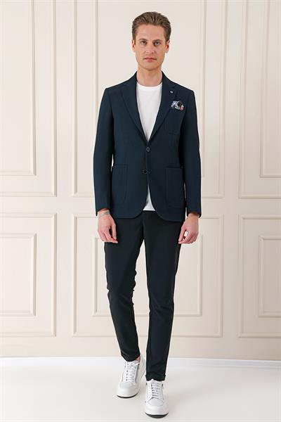 Comfort Fit Torba Cep Şeritli Dokuma Pamuk Casual Lacivert Ceket C 670