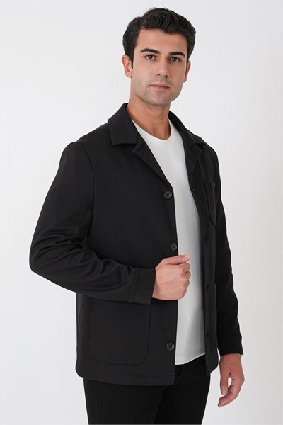 Comfort Fit Torba Cepli Esnek Pamuk Siyah Gömlek Ceket C 755