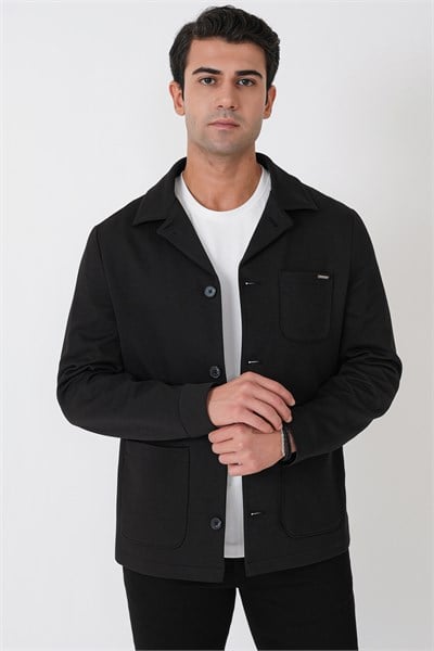 Comfort Fit Torba Cepli Esnek Pamuk Siyah Gömlek Ceket C 755