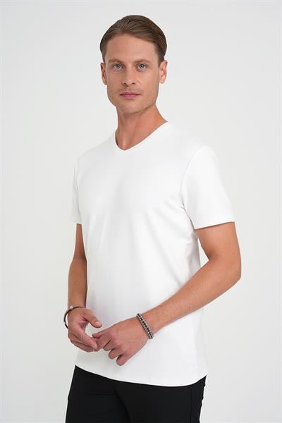 Comfort Fit V Yaka Esnek Pamuk Düz Kısa Kol Beyaz Tişört Ts 907