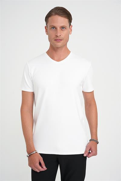 Comfort Fit V Yaka Esnek Pamuk Düz Kısa Kol Beyaz Tişört Ts 907