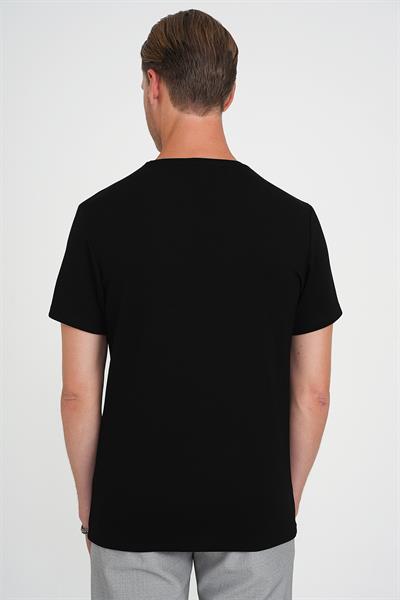 Comfort Fit V Yaka Esnek Pamuk Düz Kısa Kol Siyah Tişört Ts 907