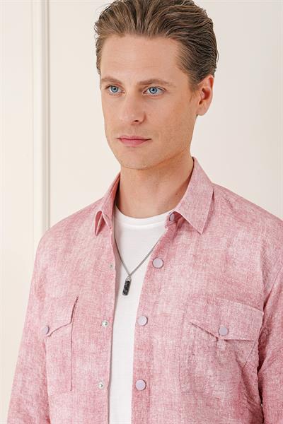 Comfort Fit Yan Cep Batik Desenli %100 Pamuk Çıtçıtlı Pudra Gömlek Ceket G 1568