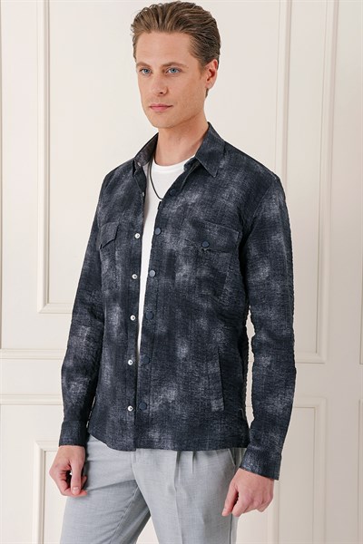 Comfort Fit Yan Cep Batik Desenli %100 Pamuk Çıtçıtlı Siyah Gömlek Ceket G 1568